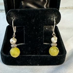 Petite and dainty green bead dangle freshwater pearl earrings